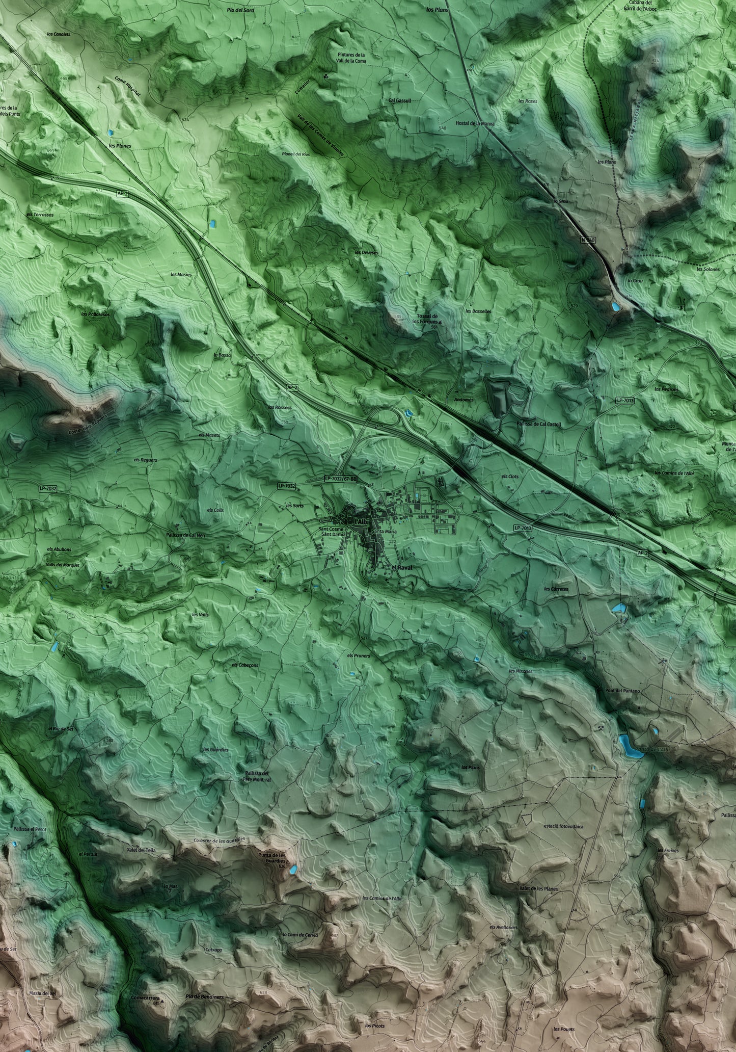 Mapa artístico del relieve de l'Albi, a las Garrigues, con 15 km de entorno y base topográfica ICGC. Detalle de la zona central.
