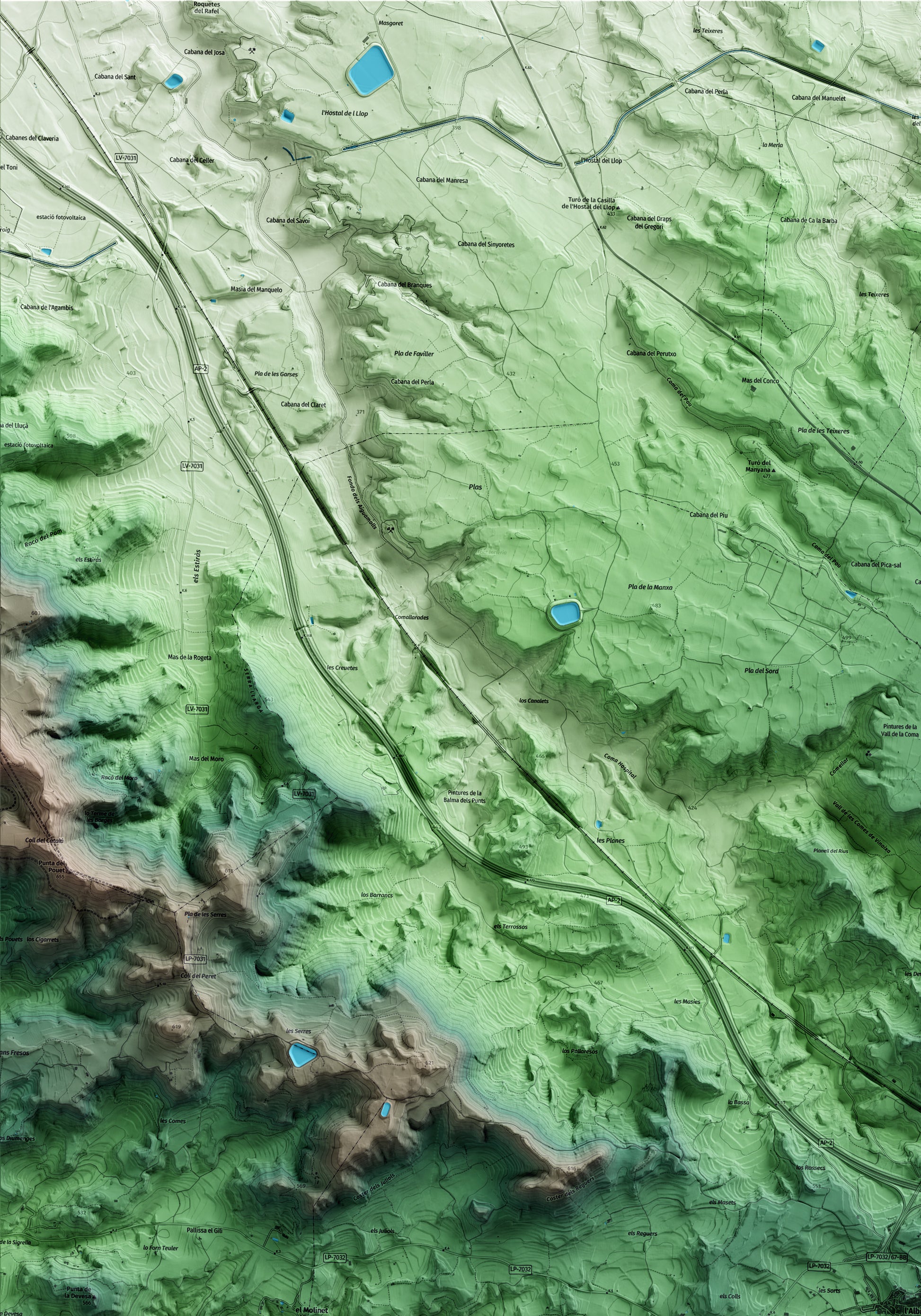 Mapa artístico del relieve de l'Albi, a las Garrigues, con 15 km de entorno y base topográfica ICGC. Detalle de la zona superior izquierda.