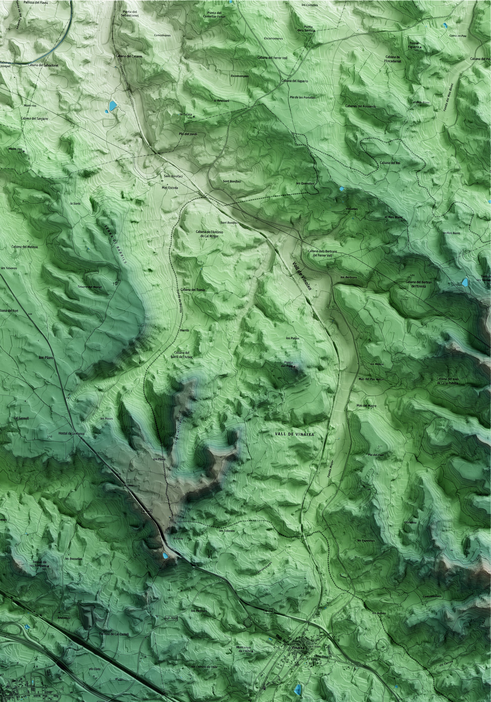 Mapa artístico del relieve de l'Albi, a las Garrigues, con 15 km de entorno y base topográfica ICGC. Detalle de la zona superior derecha.