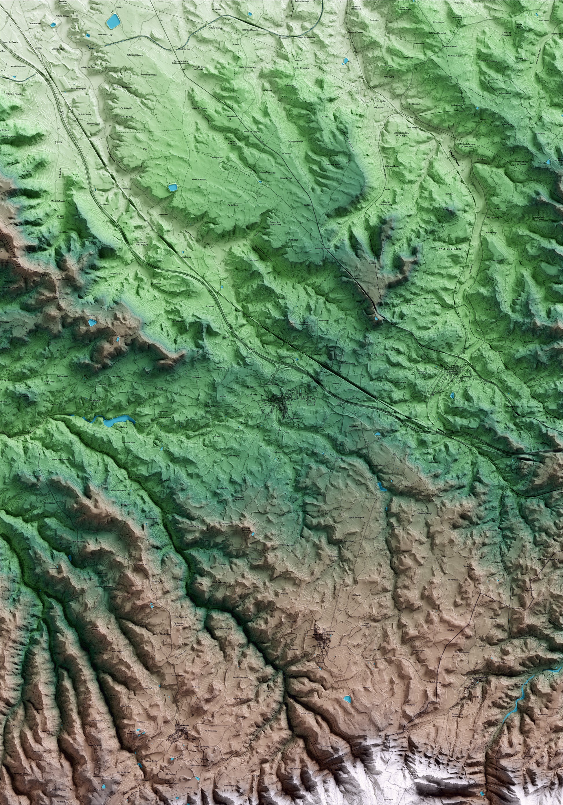 Mapa artístico del relieve de l'Albi, a las Garrigues, con 15 km de entorno y base topográfica ICGC