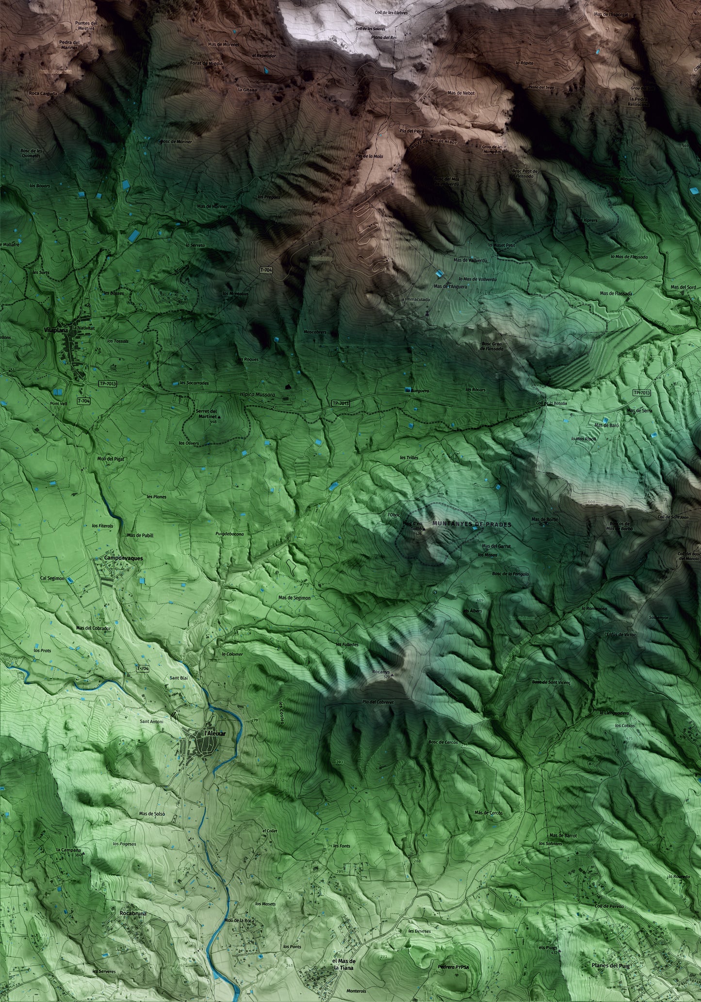 Mapa artístico del relieve de l'Albiol, al Baix Camp, con 15 km de entorno y base topográfica ICGC. Detalle de la zona inferior izquierda.