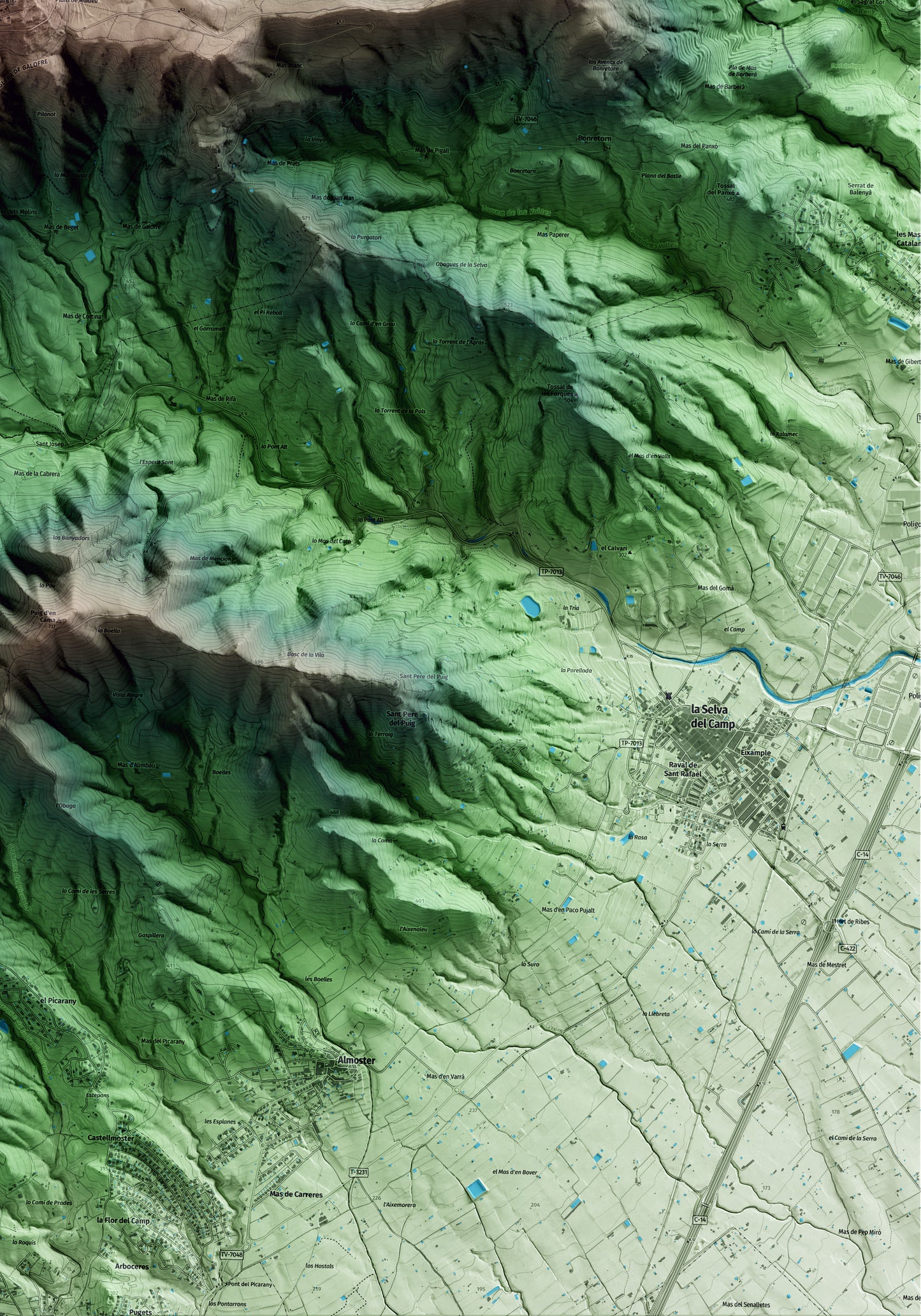 Mapa artístico del relieve de l'Albiol, al Baix Camp, con 15 km de entorno y base topográfica ICGC. Detalle de la zona inferior derecha.