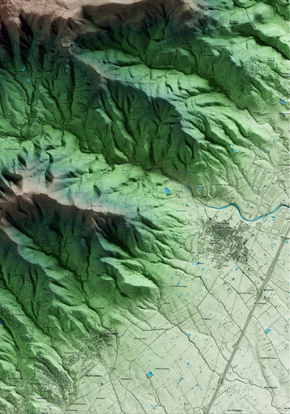 Mapa artístico del relieve de l'Albiol, al Baix Camp, con 15 km de entorno y base topográfica ICGC. Detalle de la zona inferior derecha.