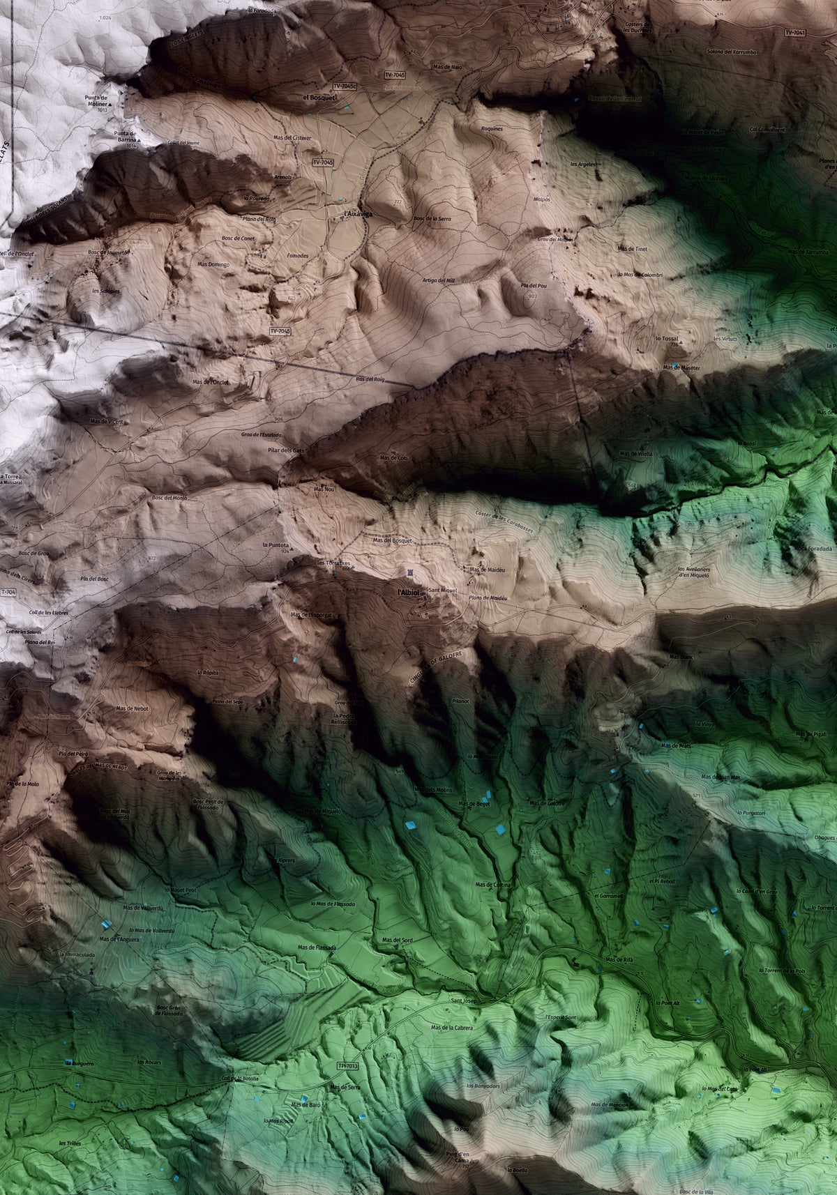 Mapa artístico del relieve de l'Albiol, al Baix Camp, con 15 km de entorno y base topográfica ICGC. Detalle de la zona central.