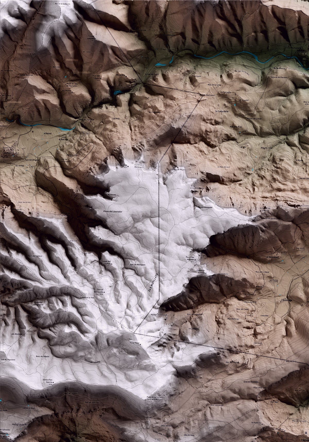 Mapa artístico del relieve de l'Albiol, al Baix Camp, con 15 km de entorno y base topográfica ICGC. Detalle de la zona superior izquierda.