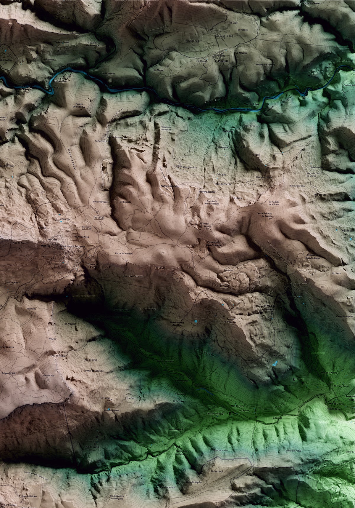 Mapa artístico del relieve de l'Albiol, al Baix Camp, con 15 km de entorno y base topográfica ICGC. Detalle de la zona superior derecha.