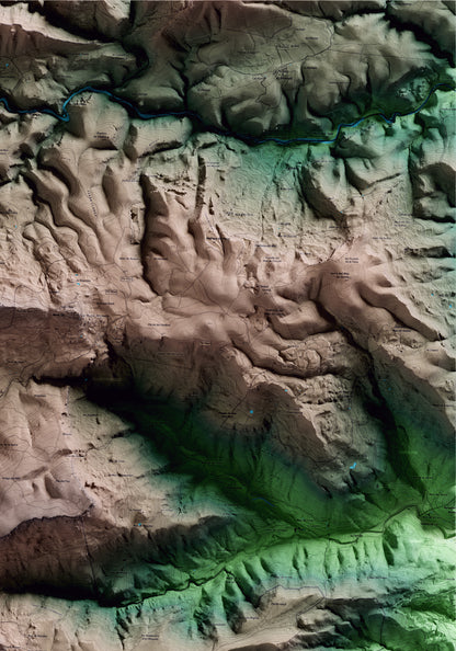 Mapa artístico del relieve de l'Albiol, al Baix Camp, con 15 km de entorno y base topográfica ICGC. Detalle de la zona superior derecha.
