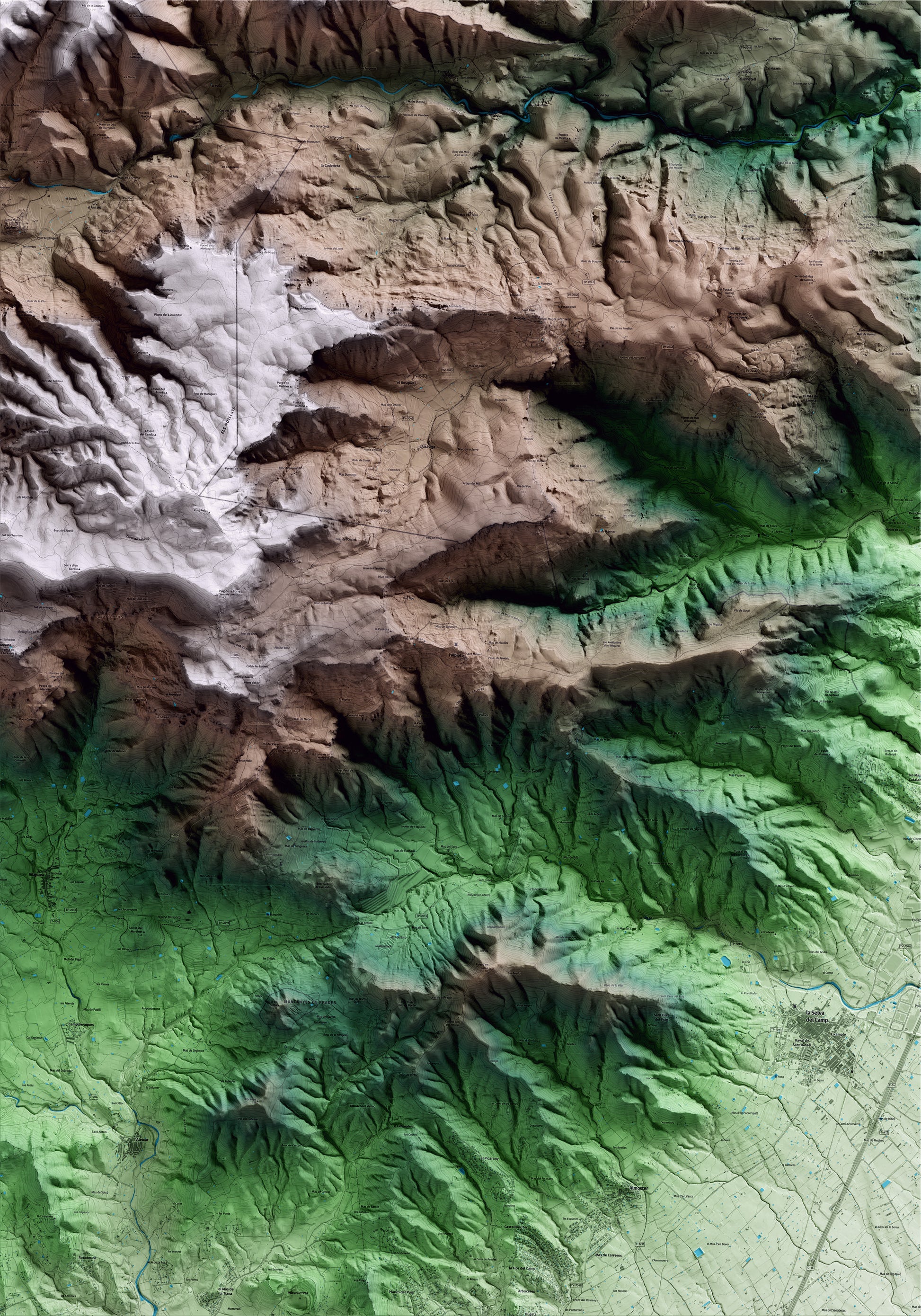 Mapa artístico del relieve de l'Albiol, al Baix Camp, con 15 km de entorno y base topográfica ICGC