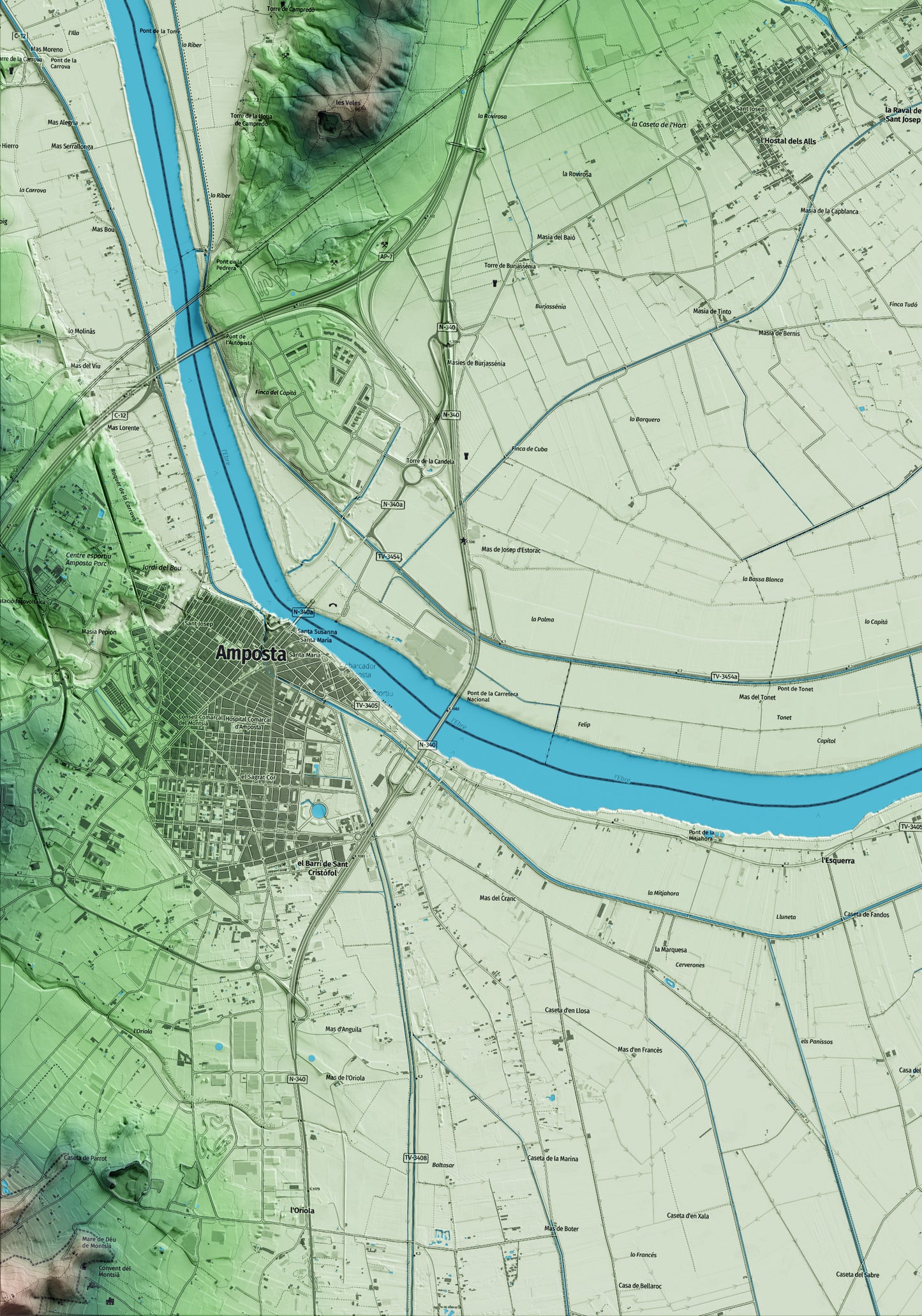 Mapa artístico del relieve de l'Aldea, al Baix Ebre, con 15 km de entorno y base topográfica ICGC. Detalle de la zona inferior izquierda.