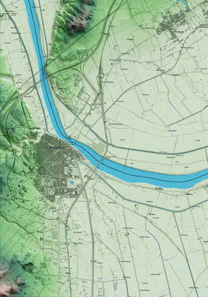 Mapa artístico del relieve de l'Aldea, al Baix Ebre, con 15 km de entorno y base topográfica ICGC. Detalle de la zona inferior izquierda.