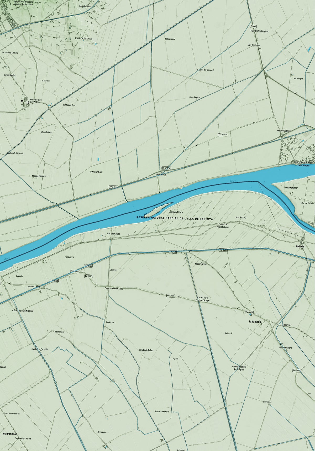 Mapa artístico del relieve de l'Aldea, al Baix Ebre, con 15 km de entorno y base topográfica ICGC. Detalle de la zona inferior derecha.