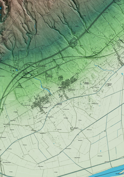Mapa artístico del relieve de l'Aldea, al Baix Ebre, con 15 km de entorno y base topográfica ICGC. Detalle de la zona central.