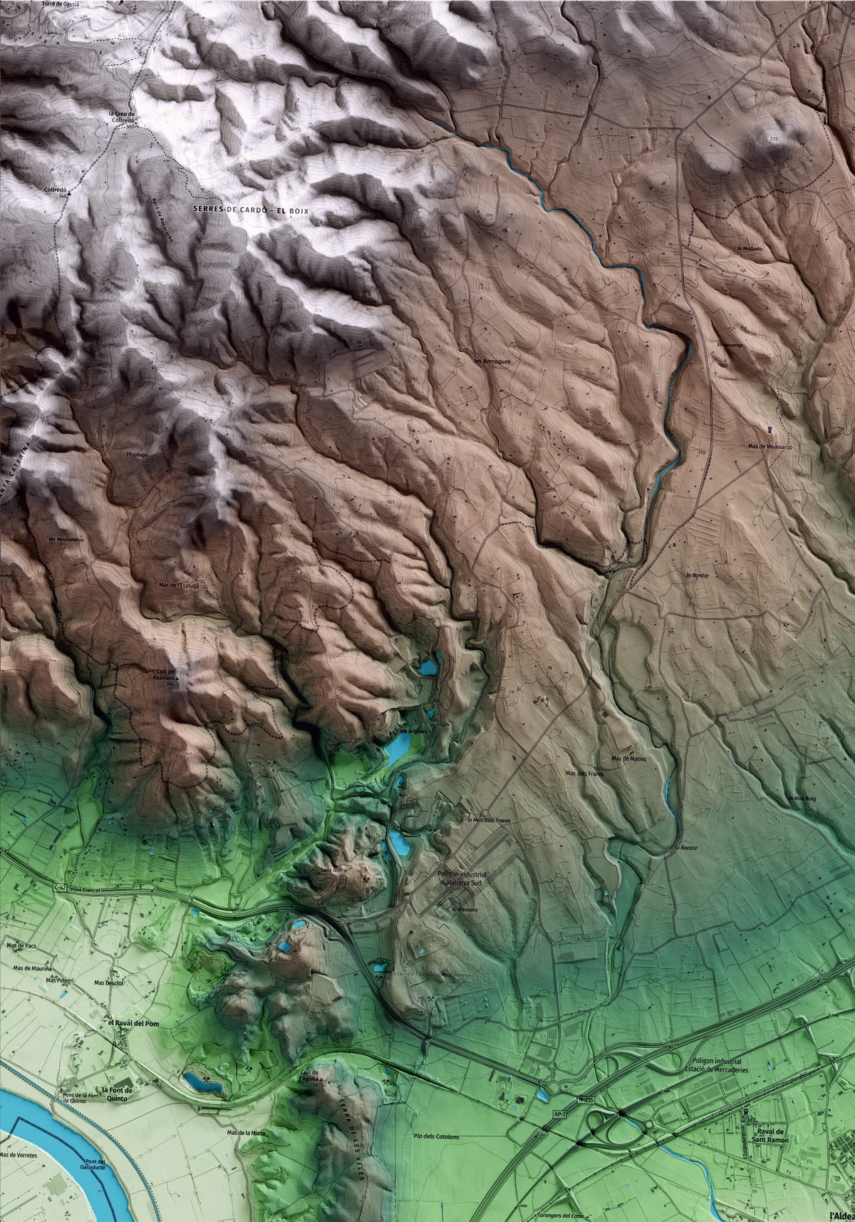 Mapa artístico del relieve de l'Aldea, al Baix Ebre, con 15 km de entorno y base topográfica ICGC. Detalle de la zona superior izquierda.