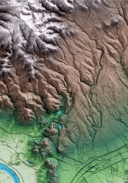Mapa artístico del relieve de l'Aldea, al Baix Ebre, con 15 km de entorno y base topográfica ICGC. Detalle de la zona superior izquierda.