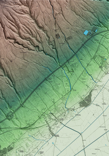 Mapa artístico del relieve de l'Aldea, al Baix Ebre, con 15 km de entorno y base topográfica ICGC. Detalle de la zona superior derecha.