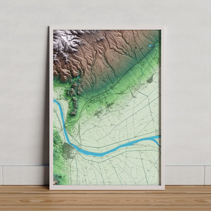 Mapa artístico del relieve de l'Aldea, al Baix Ebre, con 15 km de entorno y base topográfica ICGC. Presentación enmarcada.