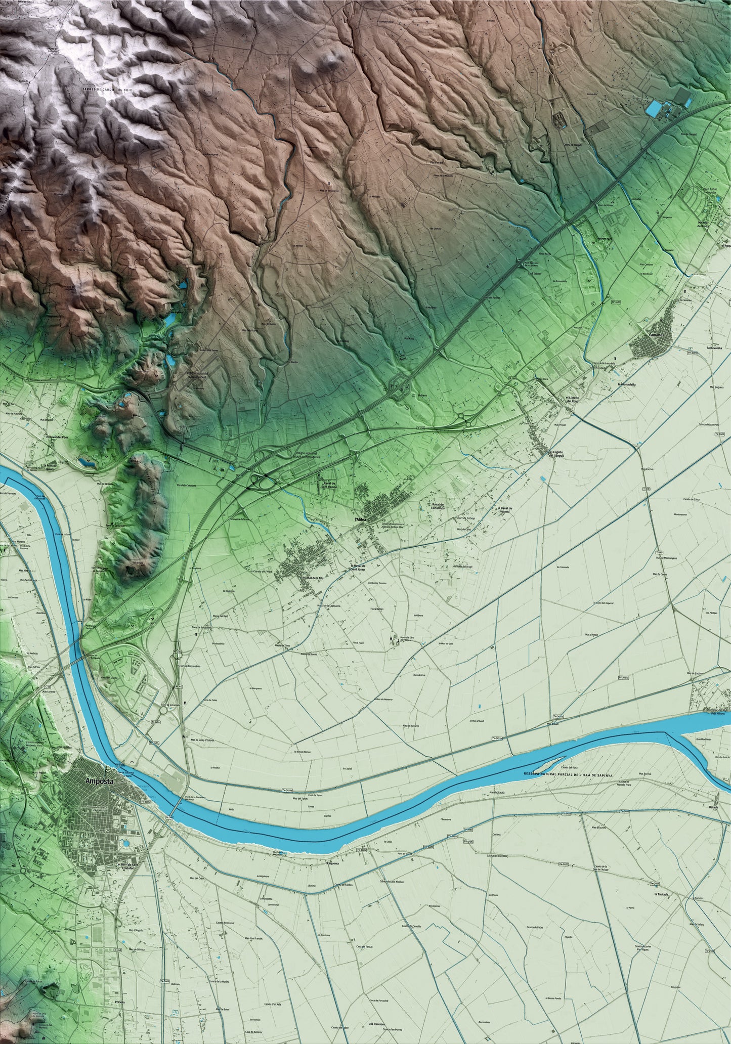 Mapa artístico del relieve de l'Aldea, al Baix Ebre, con 15 km de entorno y base topográfica ICGC
