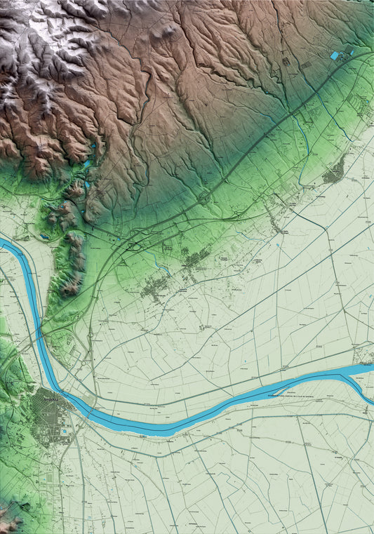 Mapa artístico del relieve de l'Aldea, al Baix Ebre, con 15 km de entorno y base topográfica ICGC