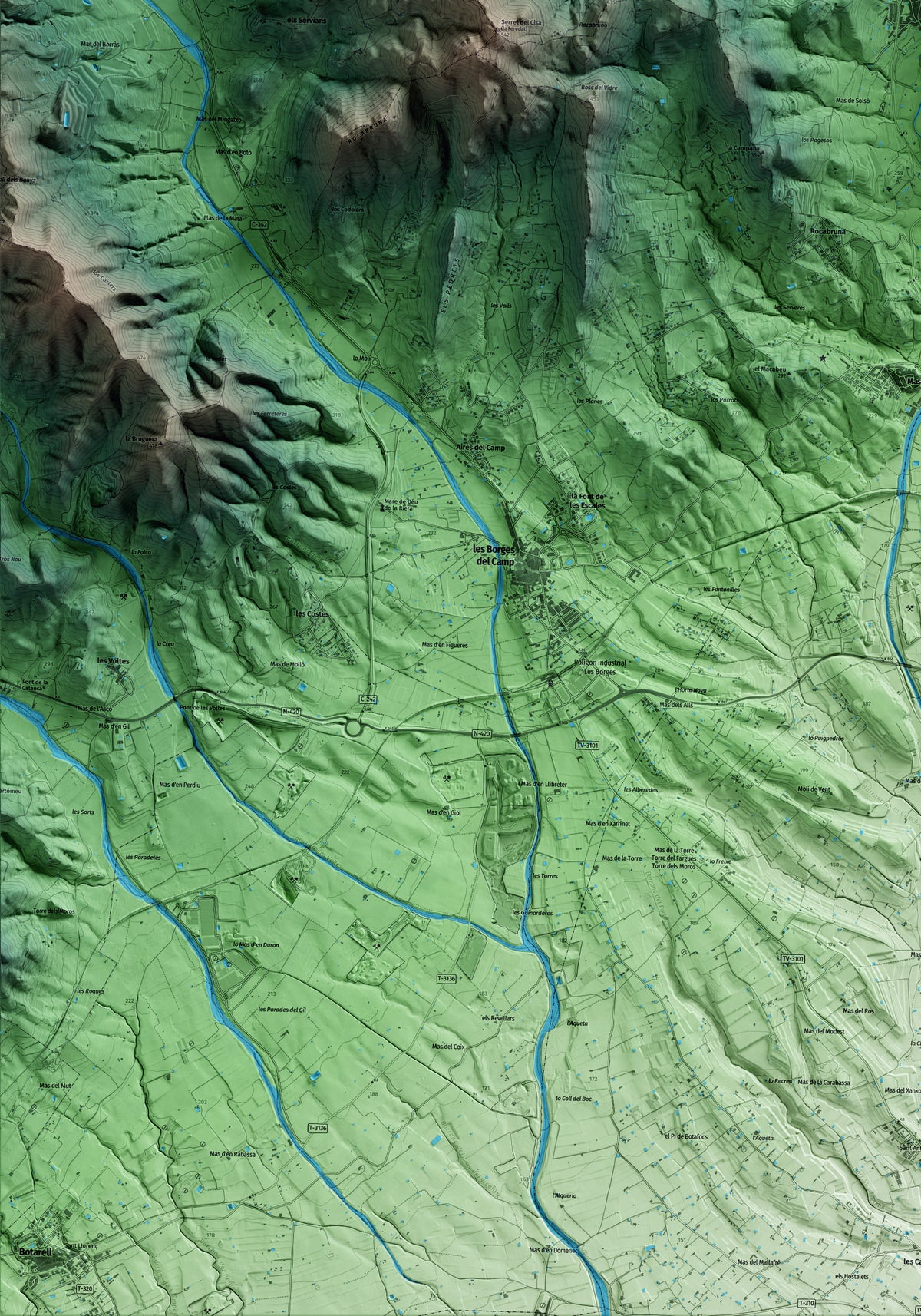 Mapa artístico del relieve de l'Aleixar, al Baix Camp, con 15 km de entorno y base topográfica ICGC. Detalle de la zona inferior izquierda.