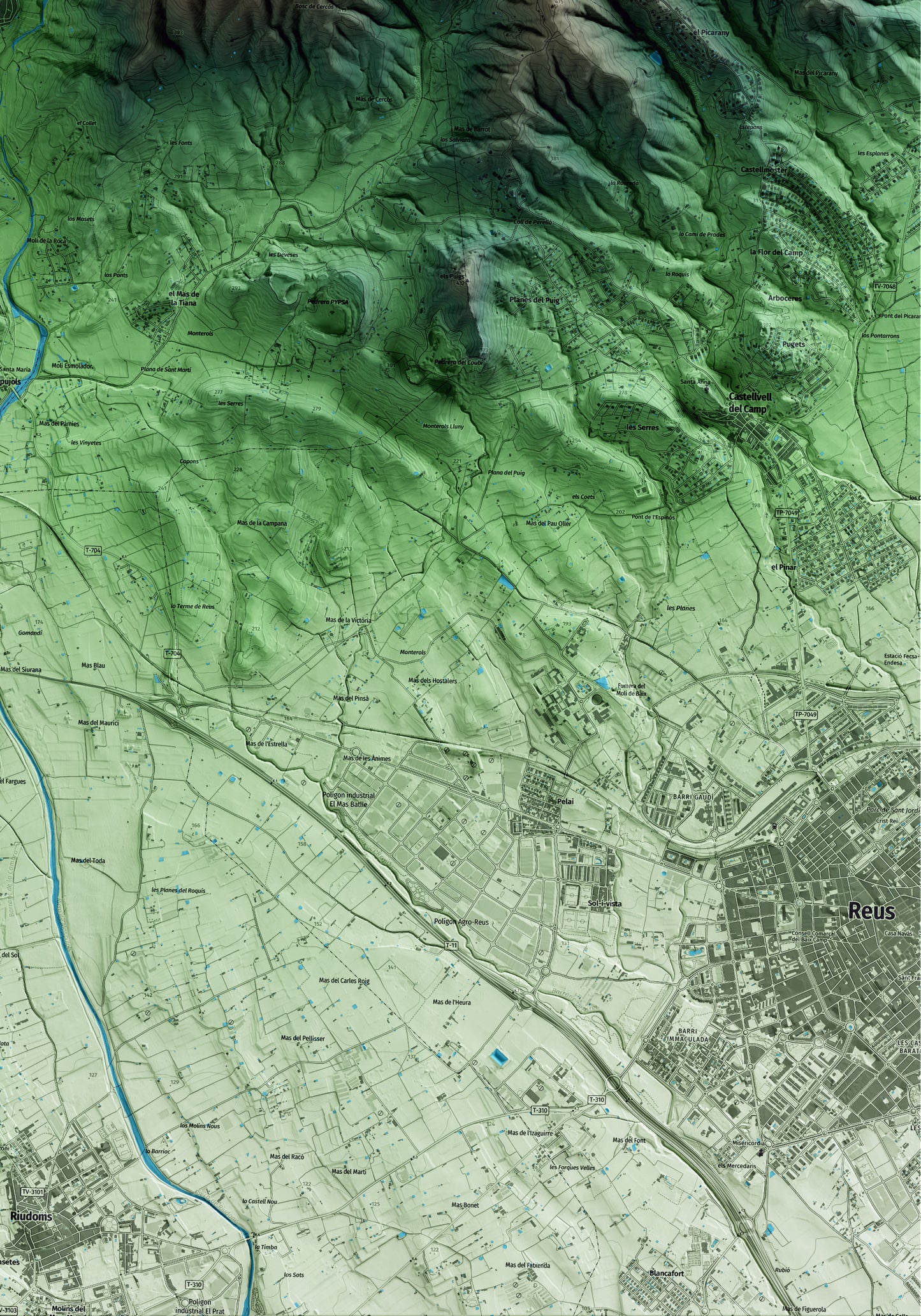 Mapa artístico del relieve de l'Aleixar, al Baix Camp, con 15 km de entorno y base topográfica ICGC. Detalle de la zona inferior derecha.