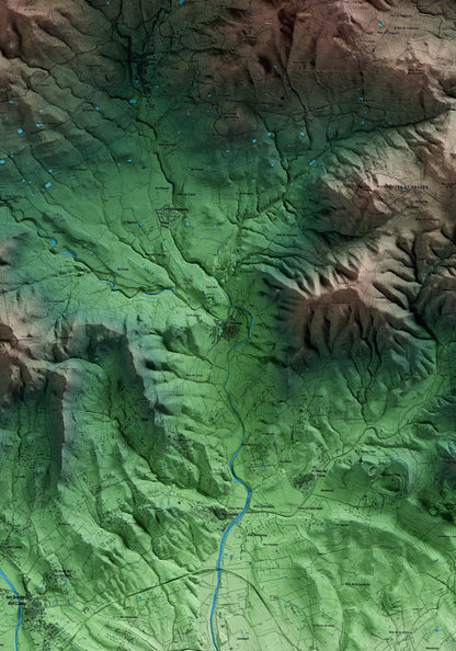 Mapa artístico del relieve de l'Aleixar, al Baix Camp, con 15 km de entorno y base topográfica ICGC. Detalle de la zona central.