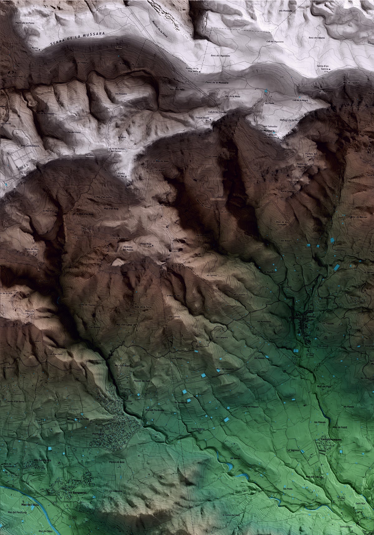 Mapa artístico del relieve de l'Aleixar, al Baix Camp, con 15 km de entorno y base topográfica ICGC. Detalle de la zona superior izquierda.