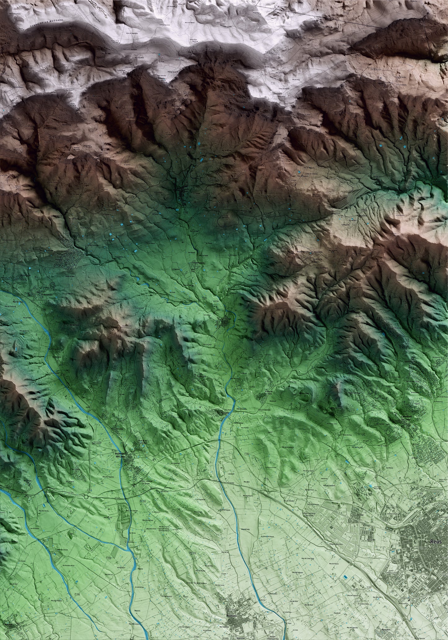 Mapa artístico del relieve de l'Aleixar, al Baix Camp, con 15 km de entorno y base topográfica ICGC