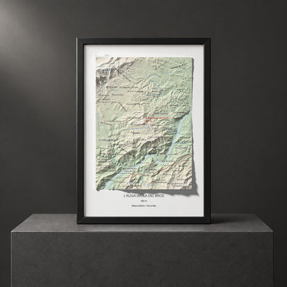 Mapa de relieve de l'Àliga (Mola del Broi), 383 m, Ribera d'Ebre · Terra Alta, lámina 100 Cims de Trobart. Presentación enmarcada. 21 × 30 cm.