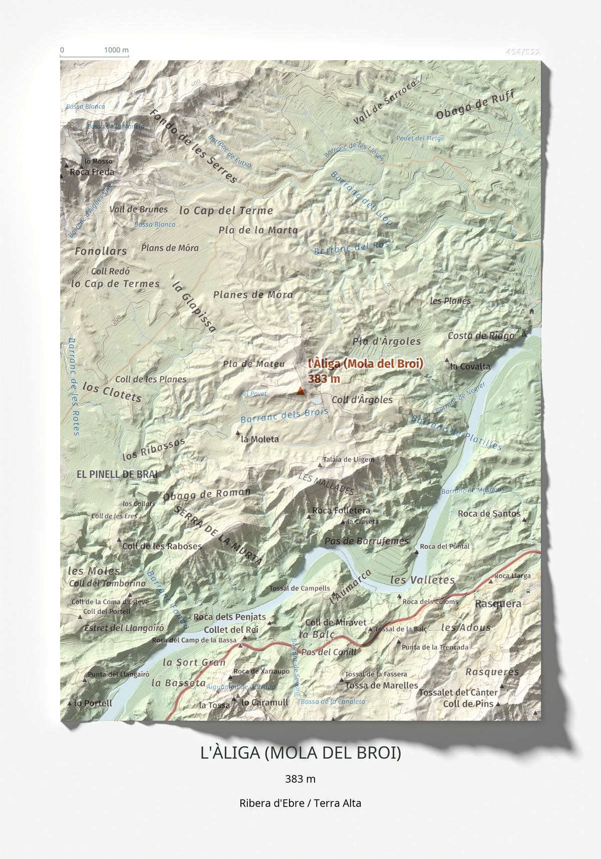 Mapa de relieve de l'Àliga (Mola del Broi), 383 m, Ribera d'Ebre · Terra Alta, lámina 100 Cims de Trobart 21 × 30 cm.