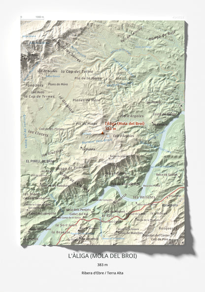 Mapa de relieve de l'Àliga (Mola del Broi), 383 m, Ribera d'Ebre · Terra Alta, lámina 100 Cims de Trobart 21 × 30 cm.