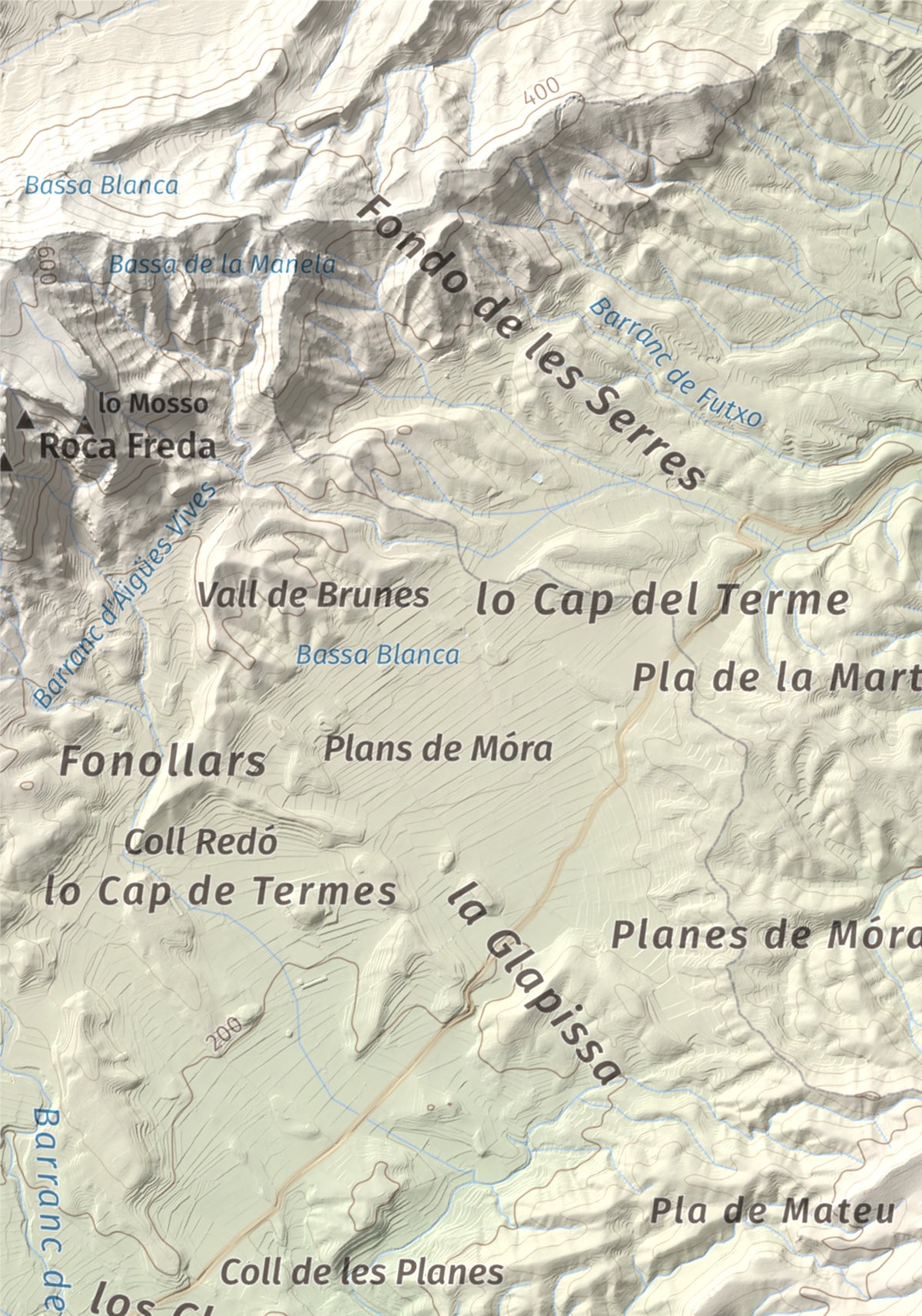 Mapa de relieve de l'Àliga (Mola del Broi), 383 m, Ribera d'Ebre · Terra Alta, lámina 100 Cims de Trobart. Detalle de la zona superior izquierda. 21 × 30 cm.