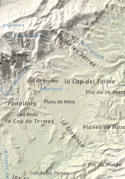 Mapa de relieve de l'Àliga (Mola del Broi), 383 m, Ribera d'Ebre · Terra Alta, lámina 100 Cims de Trobart. Detalle de la zona superior izquierda. 21 × 30 cm.