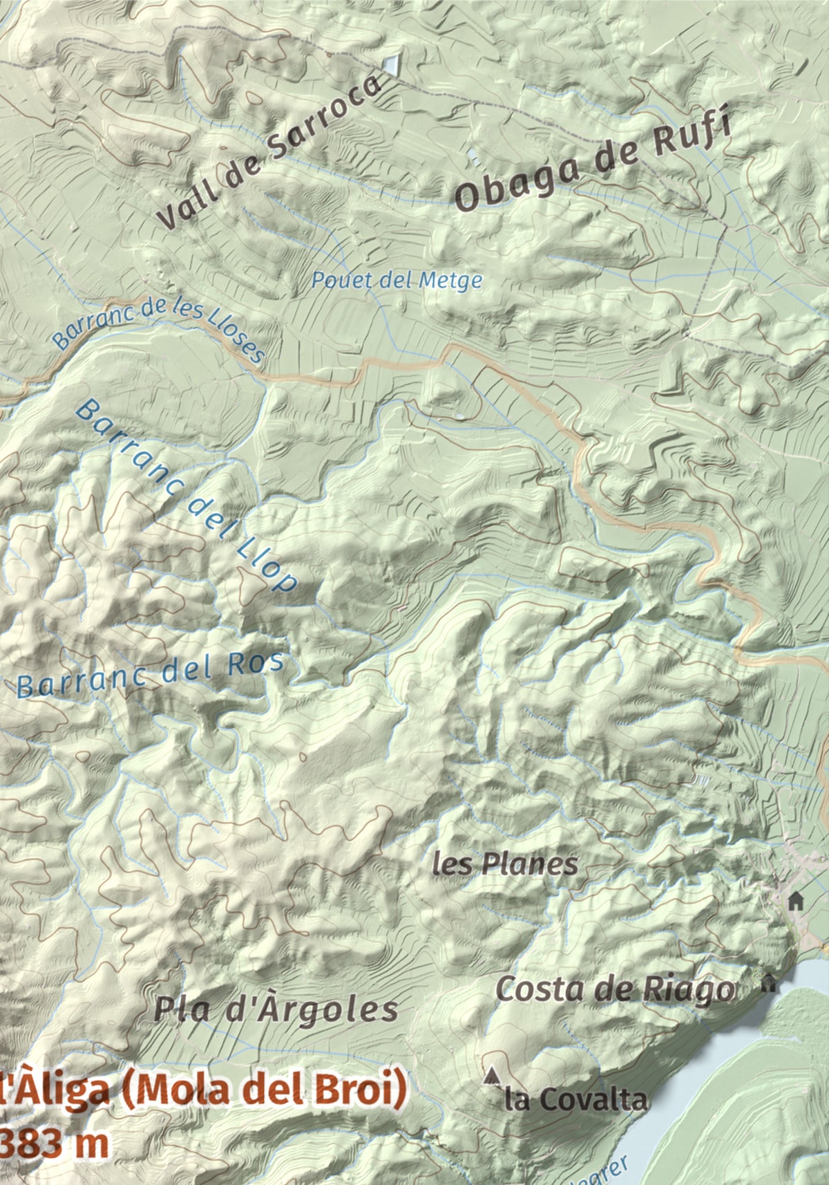 Mapa de relieve de l'Àliga (Mola del Broi), 383 m, Ribera d'Ebre · Terra Alta, lámina 100 Cims de Trobart. Detalle de la zona superior derecha. 21 × 30 cm.