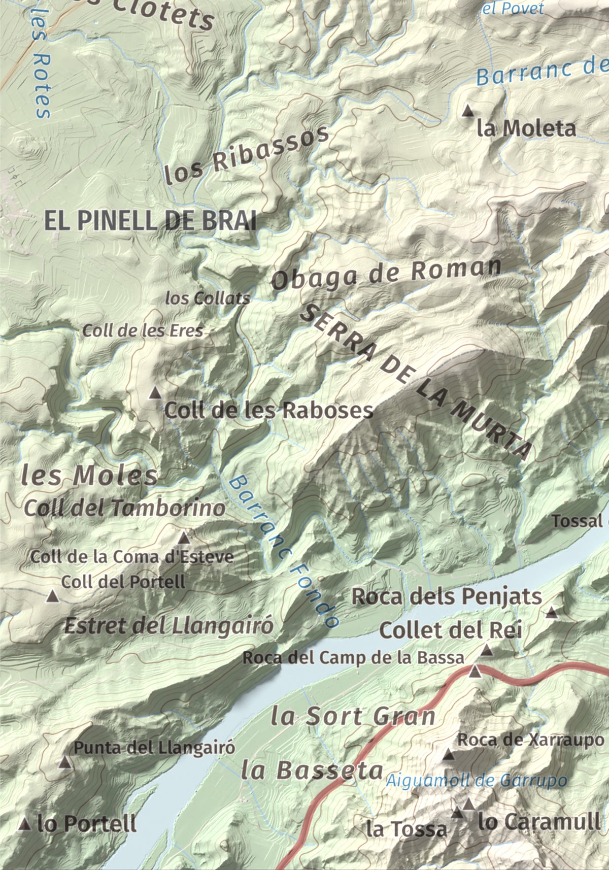 Mapa de relieve de l'Àliga (Mola del Broi), 383 m, Ribera d'Ebre · Terra Alta, lámina 100 Cims de Trobart. Detalle de la zona inferior izquierda. 21 × 30 cm.