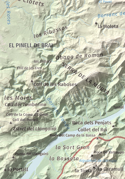 Mapa de relieve de l'Àliga (Mola del Broi), 383 m, Ribera d'Ebre · Terra Alta, lámina 100 Cims de Trobart. Detalle de la zona inferior izquierda. 21 × 30 cm.