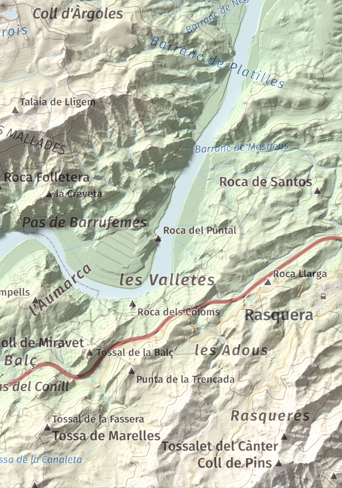 Mapa de relieve de l'Àliga (Mola del Broi), 383 m, Ribera d'Ebre · Terra Alta, lámina 100 Cims de Trobart. Detalle de la zona inferior derecha. 21 × 30 cm.