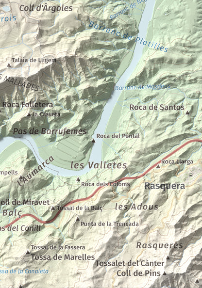 Mapa de relieve de l'Àliga (Mola del Broi), 383 m, Ribera d'Ebre · Terra Alta, lámina 100 Cims de Trobart. Detalle de la zona inferior derecha. 21 × 30 cm.