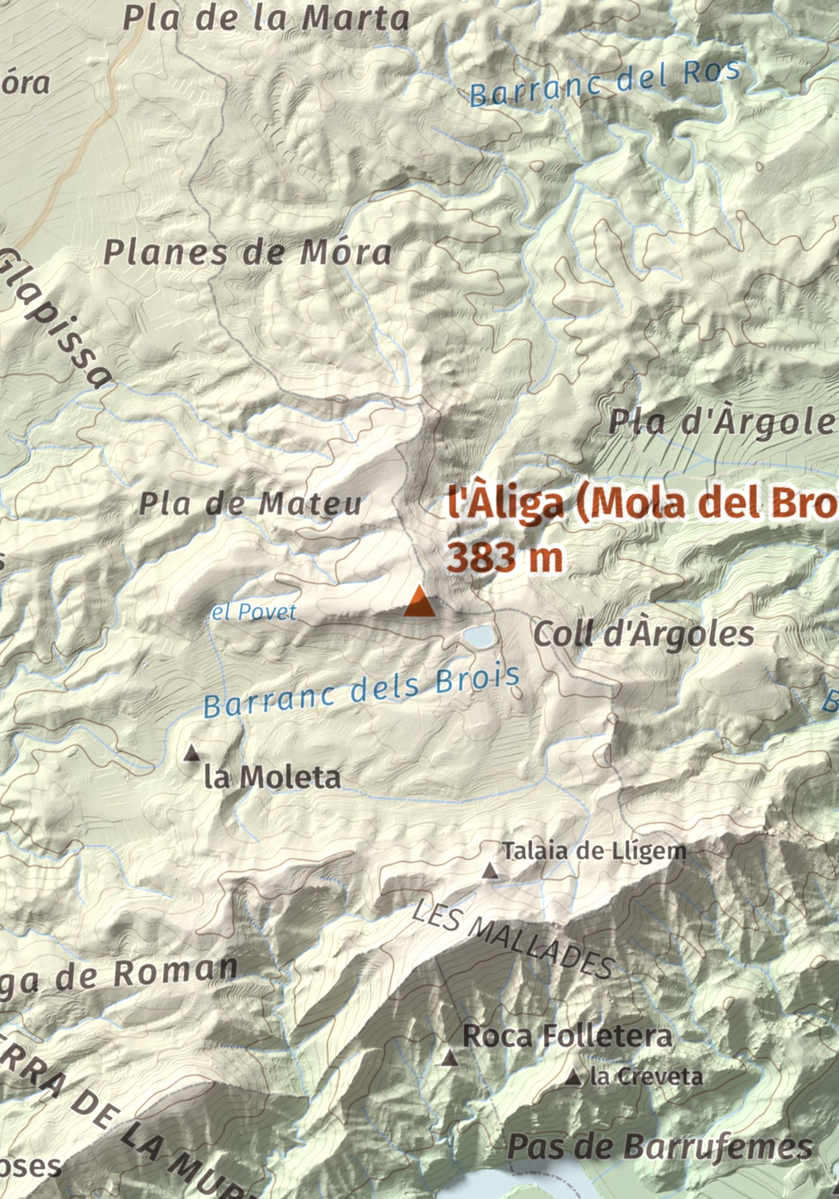 Mapa de relieve de l'Àliga (Mola del Broi), 383 m, Ribera d'Ebre · Terra Alta, lámina 100 Cims de Trobart. Detalle de la zona central. 21 × 30 cm.