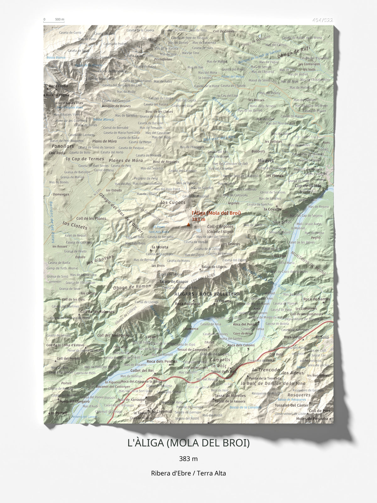 Mapa de relieve de l'Àliga (Mola del Broi), 383 m, Ribera d'Ebre · Terra Alta, lámina 100 Cims de Trobart 30 × 40 cm.