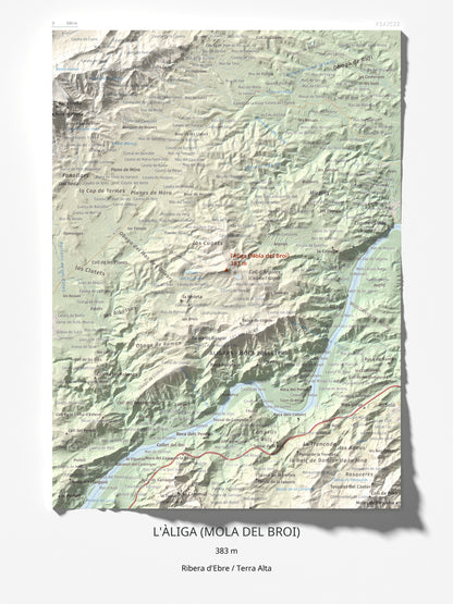 Mapa de relieve de l'Àliga (Mola del Broi), 383 m, Ribera d'Ebre · Terra Alta, lámina 100 Cims de Trobart 30 × 40 cm.