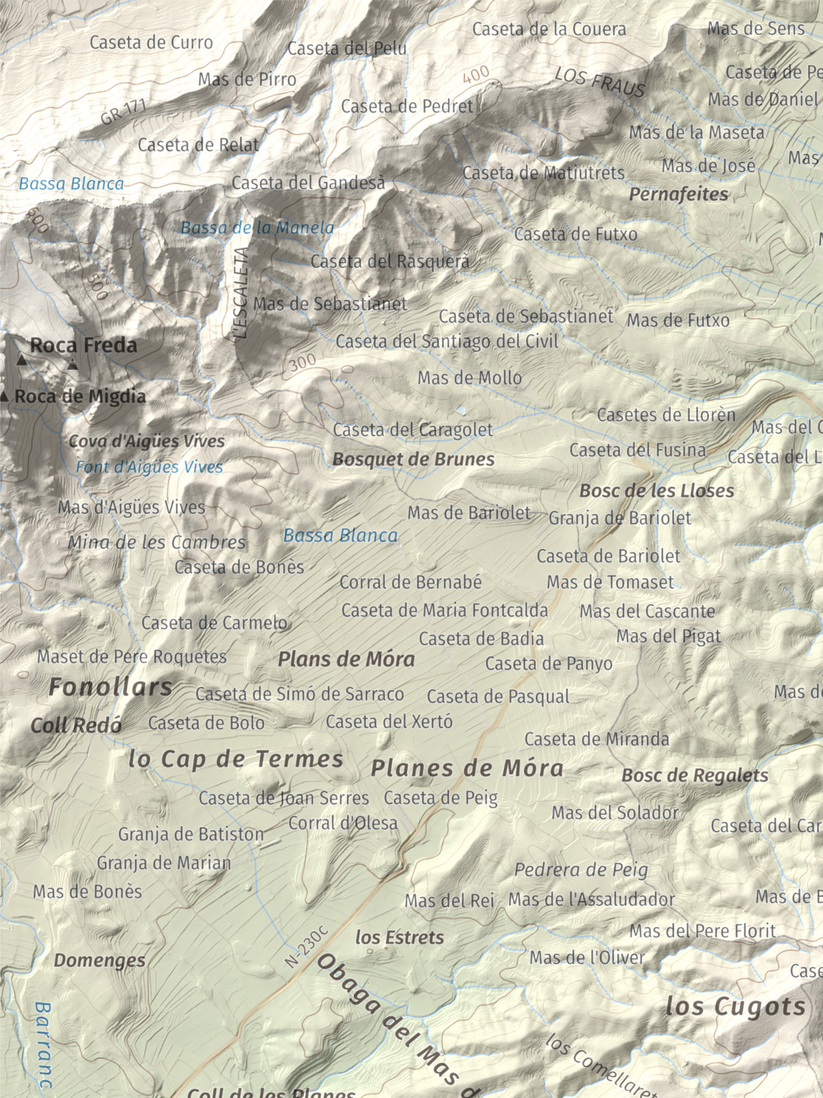 Mapa de relieve de l'Àliga (Mola del Broi), 383 m, Ribera d'Ebre · Terra Alta, lámina 100 Cims de Trobart. Detalle de la zona superior izquierda. 30 × 40 cm.