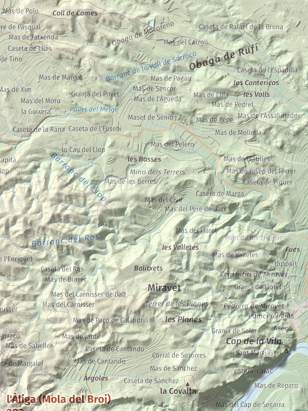Mapa de relieve de l'Àliga (Mola del Broi), 383 m, Ribera d'Ebre · Terra Alta, lámina 100 Cims de Trobart. Detalle de la zona superior derecha. 30 × 40 cm.