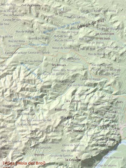 Mapa de relieve de l'Àliga (Mola del Broi), 383 m, Ribera d'Ebre · Terra Alta, lámina 100 Cims de Trobart. Detalle de la zona superior derecha. 30 × 40 cm.