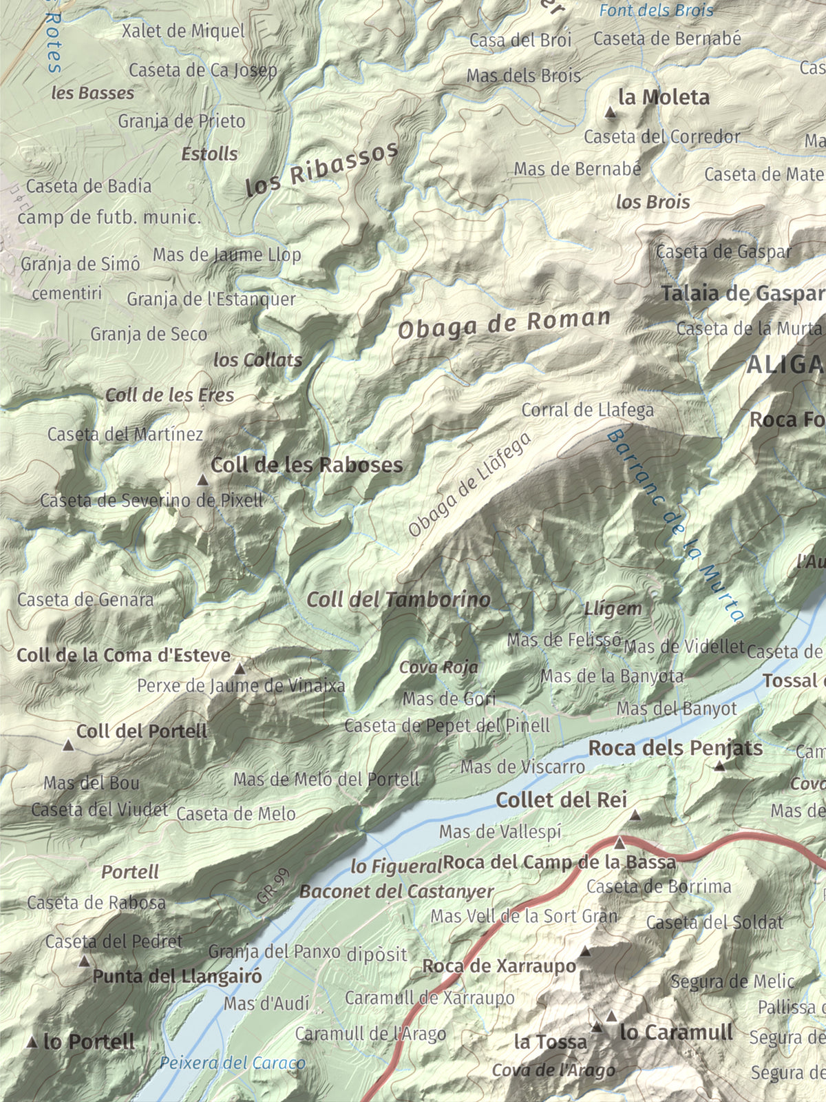 Mapa de relieve de l'Àliga (Mola del Broi), 383 m, Ribera d'Ebre · Terra Alta, lámina 100 Cims de Trobart. Detalle de la zona inferior izquierda. 30 × 40 cm.