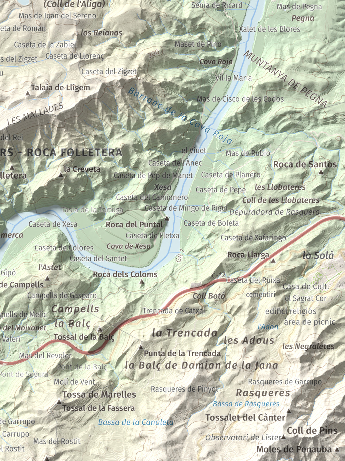 Mapa de relieve de l'Àliga (Mola del Broi), 383 m, Ribera d'Ebre · Terra Alta, lámina 100 Cims de Trobart. Detalle de la zona inferior derecha. 30 × 40 cm.