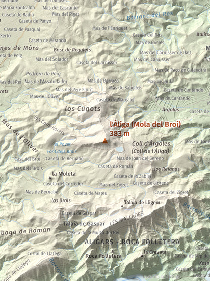 Mapa de relieve de l'Àliga (Mola del Broi), 383 m, Ribera d'Ebre · Terra Alta, lámina 100 Cims de Trobart. Detalle de la zona central. 30 × 40 cm.