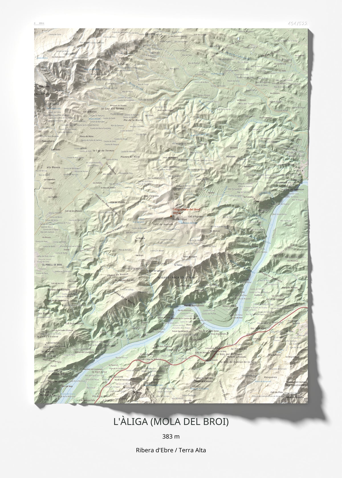 Mapa de relieve de l'Àliga (Mola del Broi), 383 m, Ribera d'Ebre · Terra Alta, lámina 100 Cims de Trobart 50 × 70 cm.