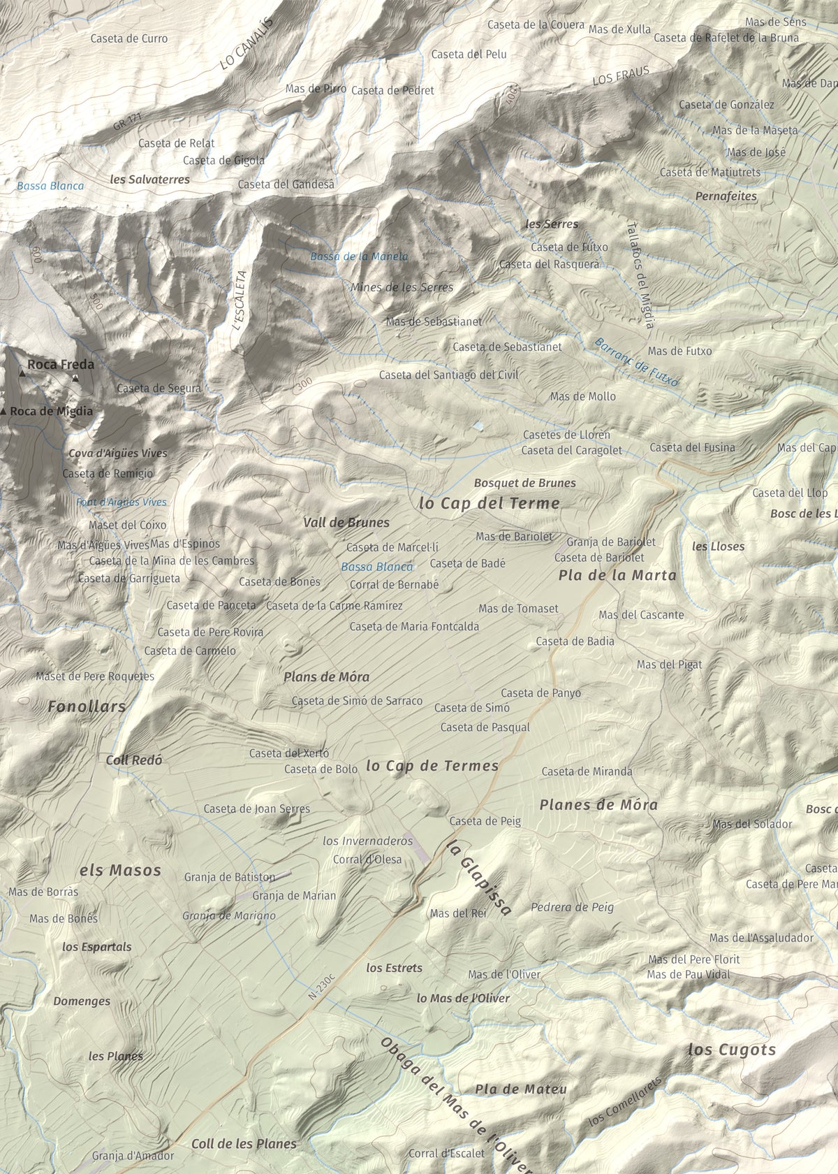 Mapa de relieve de l'Àliga (Mola del Broi), 383 m, Ribera d'Ebre · Terra Alta, lámina 100 Cims de Trobart. Detalle de la zona superior izquierda. 50 × 70 cm.