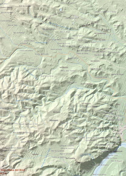 Mapa de relieve de l'Àliga (Mola del Broi), 383 m, Ribera d'Ebre · Terra Alta, lámina 100 Cims de Trobart. Detalle de la zona superior derecha. 50 × 70 cm.