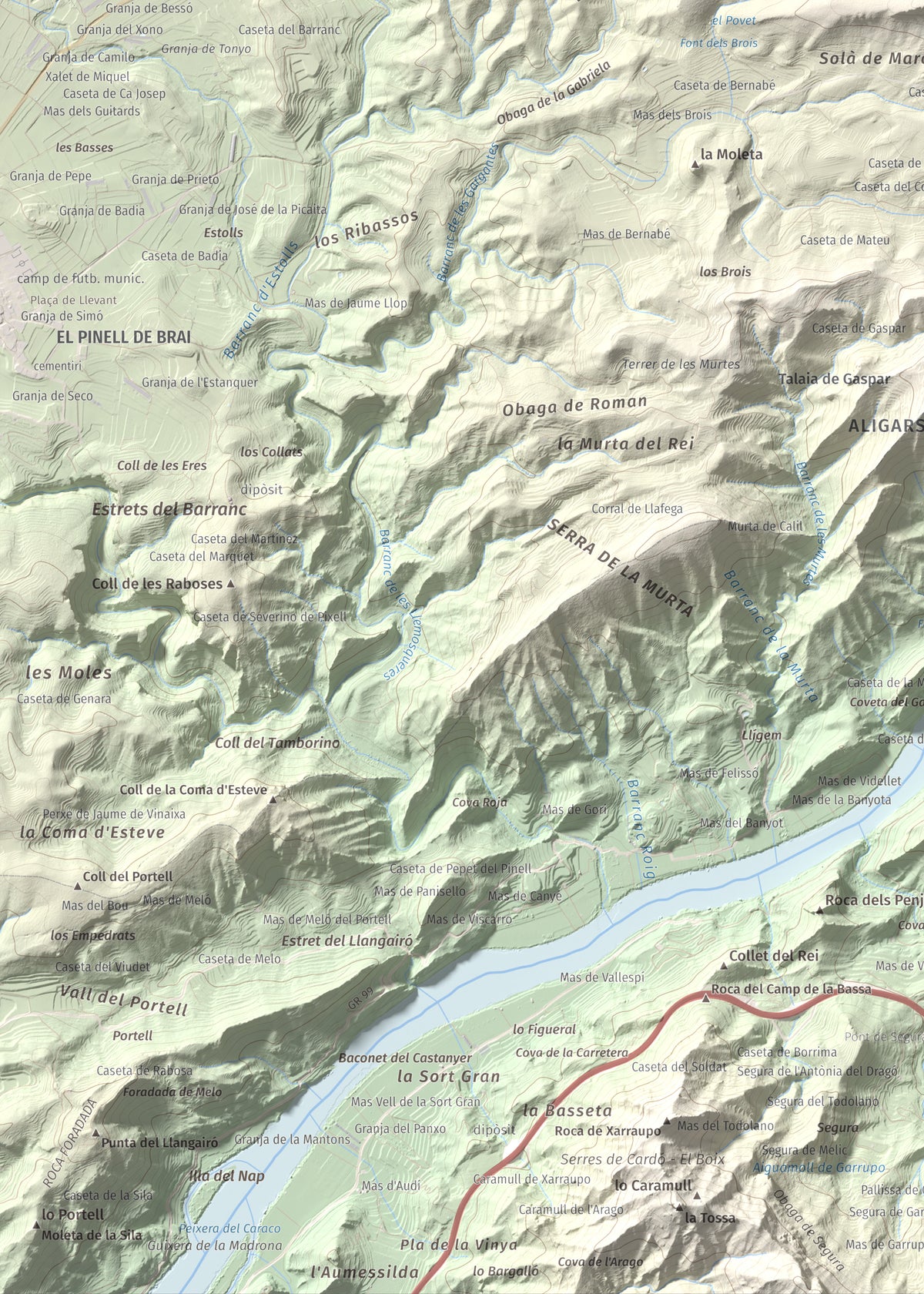 Mapa de relieve de l'Àliga (Mola del Broi), 383 m, Ribera d'Ebre · Terra Alta, lámina 100 Cims de Trobart. Detalle de la zona inferior izquierda. 50 × 70 cm.